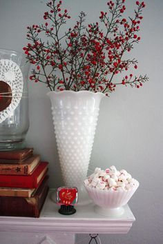 milk glass on mantle Decorating With Milk Glass, Milk Glass Display, Milk Glass Christmas, Milk Glass Decor, Milk Glass Collection, Milk Glass Vase, Glass Display, Fenton Glass, White Milk Glass