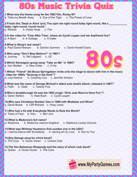 Free Printable 80s’ Music Trivia Quiz with Answer Key 80s Trivia Printable, Music Trivia Games, 40th Class Reunion Ideas 1983, 80s Trivia With Answers, Free Trivia Questions And Answers, Music Games For Adults, Christmas Movie Emoji Game, 80s Music Trivia, Finish The Lyrics Game