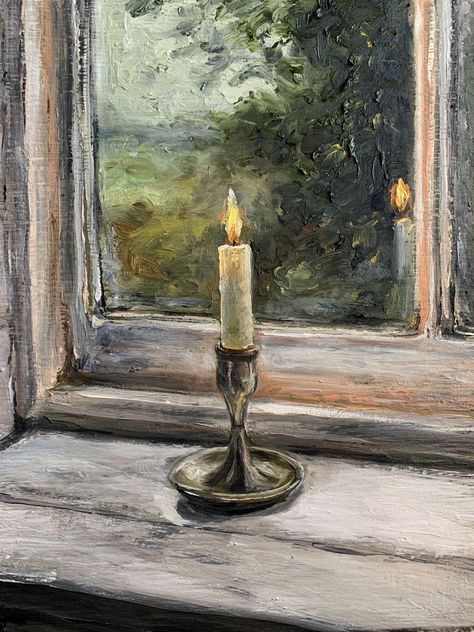 Vintage Painting Acrylic, Candle Still Life Painting, Vintage Oil Painting Aesthetic, Cottagecore Oil Painting, Oil Based Painting, Wood Oil Painting, Oil Painting Candle, Oil Painting Beginner Ideas, Oil Paint Still Life