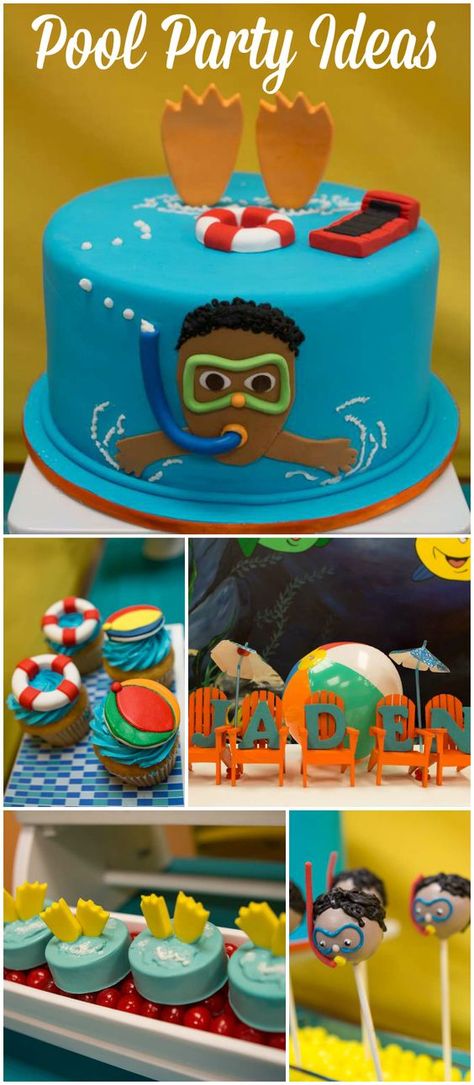 Check out this pool party with colorful beach balls and pool related treats! See more party ideas at CatchMyParty.com! Pool Party Ideas, Pool Party Cakes, Pool Cake, Pool Party Themes, Pool Party Kids, Splash Party, Beach Birthday Party, Beach Balls, Pool Birthday