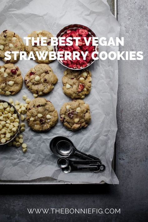 Mar 10, 2022 - Love a sweet n' savory treat? Then you need to make this recipe! These vegan strawberry cookies are chewy, a little salty and a little sweet! Strawberry Cookie Recipe, Vegan Dessert Recipes Easy, Vegan Bakes, Savory Bread Recipe, Vegan White Chocolate, Vegan Baking Recipes, Easy Vegan Dessert, Vegan Cookies Recipes, Vegan Chocolate Chip Cookies