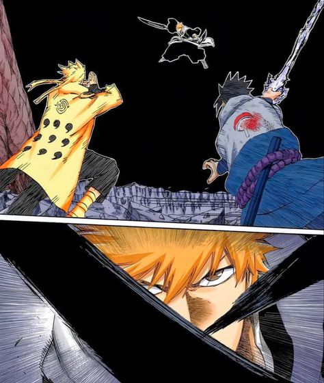 Manga Crossover Wallpaper, Anime Crossover Manga Panel, Manga Crossover Panel, Bleach X Naruto, Bleach Crossover, Ichigo Vs Ulquiorra, Bleach Vs Naruto, Anime Multiverse, Manga Crossover