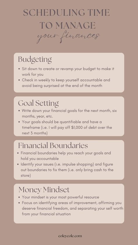 Focusing on these 4 elements of your finances will help you improve your finances and reach your goals:

- Budgeting: it's way too easy to spend more than you make if you're not tracking it

- Goal setting: how do you stay on track if you have no vision? Goals give you a guideline to aim for

- Financial boundaries: boundaries prevent you from falling over the edge into a dark abyss 

- Money mindset: your thoughts affect your behaviors and your behaviors reflect your thoughts Relationship Finances Tips, Financial Goals Ideas, Financial Boundaries, Aesthetic Finance, Dark Abyss, Vision Goals, Money Saving Methods, Manage Your Money, Saving Money Budget