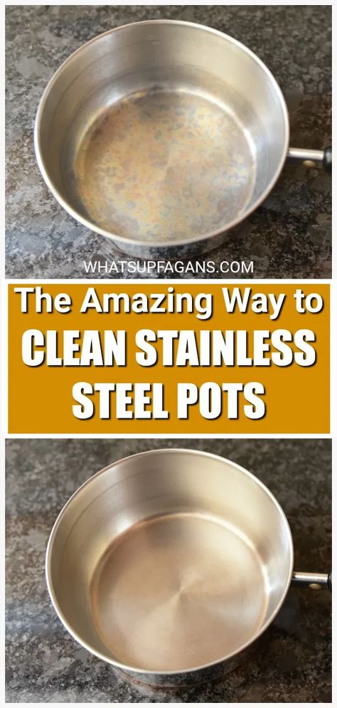 Oooh! I need to try this!! Best method for how to clean stainless steel pans and pots, even burtn stainless steel pans, and ones with discoloration. Can't wait to use this to clean all my stainless steel cookware! #cookware #stainlesssteel #kitchentips #cleaningtips #barkeepersfriend #BKFBeforeAndAfter #BKFKitchen #pots #pans #kitchenutensils #potsandpans #cookware Clean Stainless Steel Pans, Best Stainless Steel Cleaner, Arm And Hammer Super Washing Soda, Window Cleaning Tips, Home Cleaning Tips, Clean Stainless Steel, Clean Your House, Housekeeping Tips, Stainless Steel Cleaner