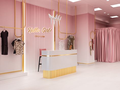 Hello Girl Store on Behance Bridal Shop Interior, Cloth Ideas, Clothing Store Interior, Salon Suites Decor, Clothing Store Design, Store Design Boutique, Retail Interior Design, Beauty Room Decor, Showroom Interior Design