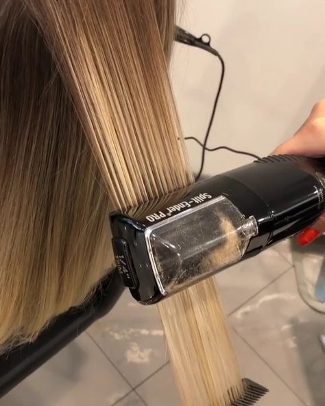 A part of the @alennmj Balayage experience~ haircut and split ender machine. Have any of our Bellami Hair Pro Stylists given this a try?… Hair Plates, Split End Trimmer, Split Ender, Split Ends Hair, Lifeless Hair, Split Hair, Hair Clamps, Hair Appointment, Styling Comb