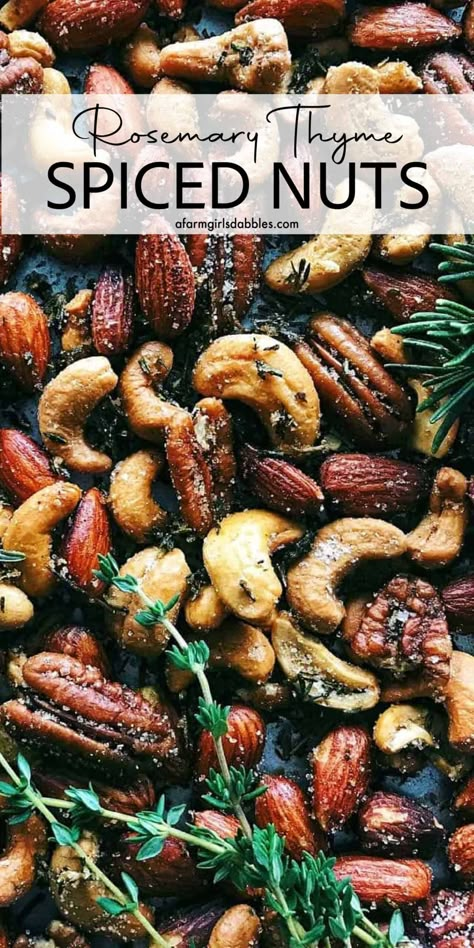 This Rosemary Thyme Spiced Nuts recipe is incredibly easy to make. The nuts are lightly spiced and beautifully fragrant with herbs, perfect for nibbling and gifting - a holiday favorite! Savory Nuts Recipe, Party Nuts Recipe, Spiced Nuts Recipe, Seasoned Nuts, Spicy Nuts, Blackened Shrimp, Avocado Cucumber, Cucumber Bites, Rosemary And Thyme