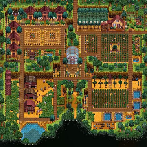 Stardew Farm Layout Four Corners, Stardew Valley Four Corners Layout Aesthetic, Stardew Valley Four Corners Farm Layout Ideas, Stardew Farms Layout, Star Dew Valley Farm Layouts Four Corners, Stardew 4 Corners Layout, Sdv Four Corners Farm Layout, Stardew Valley Expanded Grandpas Farm Layout, Stardew 4 Corners Farm