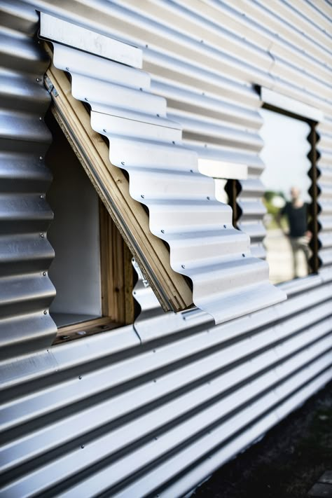 Corrugated Opening Detail Corrugated Metal Siding, Tin House, Metal Cladding, Metal Siding, Casa Container, Corrugated Metal, Shipping Container Homes, A Metal, Shipping Container