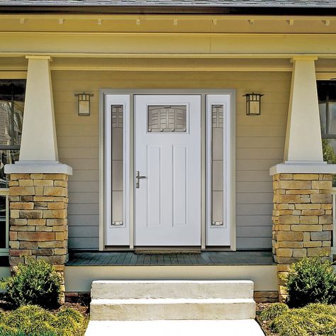 Engineered to last longer, Therma-Tru fiberglass doors resist dents, rust and rot. Smooth-Star fiberglass doors feature crisp, clean contours, making them more attractive and durable to steel.. Emerson glass with zinc caming features triple-pane construction and tempered glass, Lowe's Exclusive. Door features a smooth surface that is primed and ready to paint, offering endless possibilities to create the look you want. Wood door frame provides a sturdy surface for door mounting. Self-aligning hi Single Front Door, Prehung Exterior Door, Wood Door Frame, White Front Door, Fiberglass Entry Doors, Craftsman Door, Therma Tru, Exterior Front Doors, Fiberglass Door