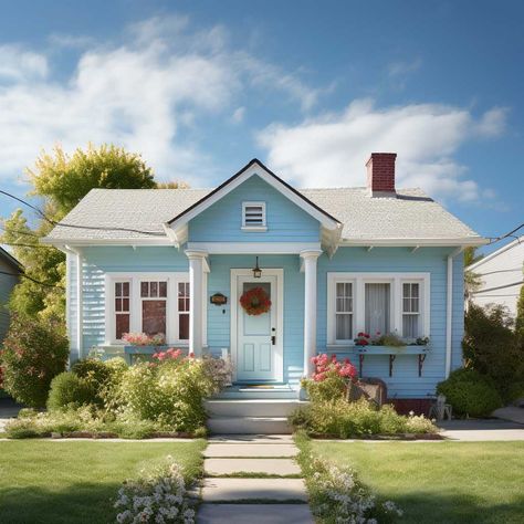 Baby Blue House Exterior, Light Blue House Exterior Colour Schemes, Paint Colors For Small Houses, Light Exterior House Colors, Light Blue House Exterior, Small House Exterior Colors, Lake House Colors, Small Home Exterior, Blue House Exterior