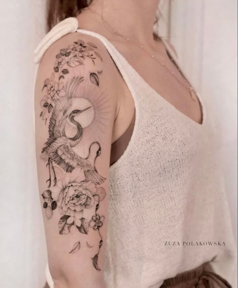 Crane Tattoos For Women, Crane With Flowers Tattoo, Crane Flower Tattoo, Crane And Flower Tattoo, Fine Line Crane Tattoo, Two Cranes Tattoo, Crane Sleeve Tattoo, Crane Arm Tattoo, Crane Tattoo Arm