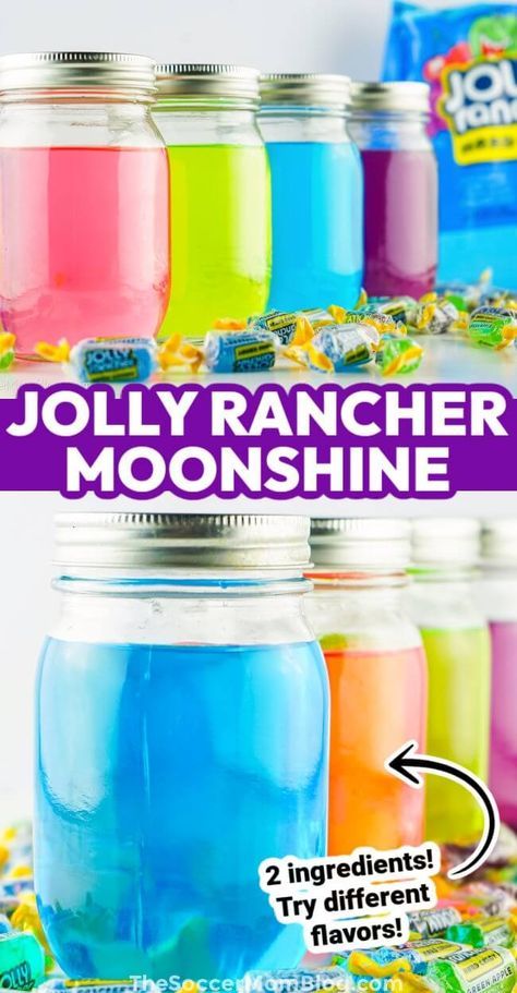 This Jolly Rancher Moonshine tastes just like the hard candy, in drinkable form - a colorful candy infused vodka that is sweet, tart, and strong! Vodka Infused Candy, Jolly Rancher Alcoholic Drinks, Jolly Rancher Mixed Drink, Grape Jolly Rancher Moonshine, Candy Infused Alcohol, Jolly Rancher Moonshine Recipes, Alcoholic Candy Recipes, Diy Mixed Drinks Alcohol Recipes, Sour Alcoholic Drinks