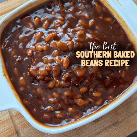 Southern Baked Beans Recipe: Easy, Cheap, and Delicious - The Good Wives Blog Southern Navy Bean Recipes, Bushs Baked Beans Recipe Easy, Homemade Baked Beans From Canned Beans, Baked Beans Recipe Easy, Southern Baked Beans, Baked Beans From Scratch, Buttermilk Banana Bread, Canned Baked Beans, Homemade Green Bean Casserole