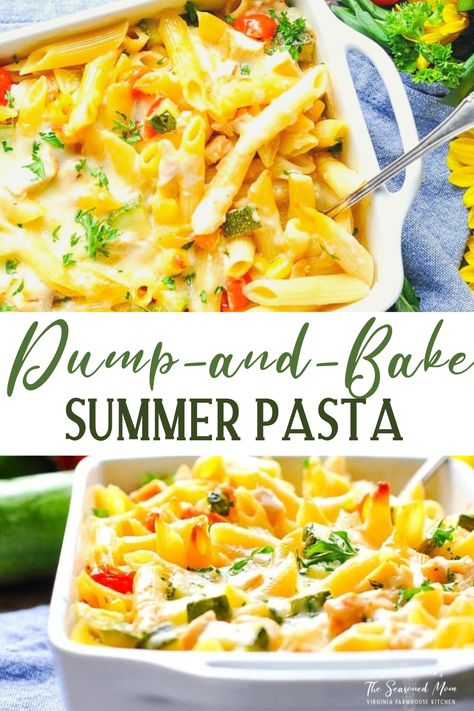 I think that I managed to pack all of the season's best veggies and herbs into one cheesy casserole! This dump-and-bake summer pasta is loaded with zucchini, corn, tomatoes, fresh basil, and tender chicken. You don't even have to boil the pasta for this fresh, healthy, and easy dinner! Just stir the ingredients together in one dish and pop it in the oven! Pasta With Corn, Tomatoes And Chicken, Zucchini Dinner, Corn Zucchini, Summer Pasta Recipes, 2023 Recipes, Healthy Dinner Recipe, Corn Chicken, Fast Dinner