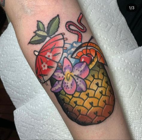 Tropical Traditional Tattoo, Tropical Drink Tattoo, Traditional Sushi Tattoo, Tiki Leg Tattoo, Drink Tattoo, Traditional Tiki Drink Tattoo, Tattoo Board, Tropical Drink, Traditional Tattoos