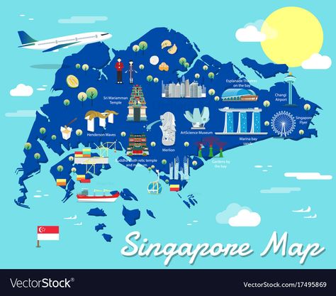 Singapore Map Art, Singapore Map Illustration, Singapore Scrapbook, Singapore Tourist Map, Singapore Illustration, Map Of Singapore, Landmarks Illustration, Places To Visit In Singapore, Henderson Waves