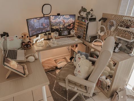 Neko 🐱🍞 VTUBER on Twitter: "the station had a bit of an upgrade ☁️ https://t.co/PQAngLmhrO" / X White Desk Setup, Dream Bedroom Inspiration, Cozy Desk, Simple Bedroom Design, Interior Design Your Home, Makeover Bedroom, Video Game Rooms, Room Redesign, Gaming Room Setup