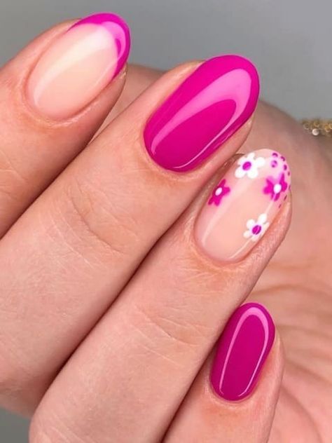 Magenta Nails Design Short, Dark Pink Gel Nail Designs, Dark Pink Nails With Flowers, Pretty Nails Design Inspiration Pink, Fuschia Nails Design Nailart, Flower Design Gel Nails, Pink And Navy Nails Ideas, Flowers Nails Art, Bright Pink Gel Nail Designs