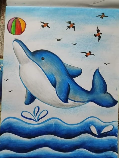 Dolphin Painting Easy, Oil Pastel For Kids, Animal Sketches Easy, Cartoon Drawing For Kids, Drawing Pictures For Kids, Scenery Drawing For Kids, Dolphin Drawing, Hand Art Kids, Oil Pastel Drawings Easy