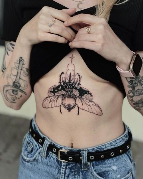 Scarab Tattoo, Sternum Tattoos, Earthy Tattoos, Tattoo World, Basic Tattoos, Insect Tattoo, Bug Tattoo, Intricate Tattoo, Stomach Tattoos