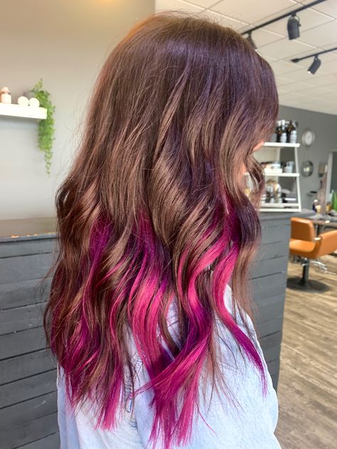 Golden Brown Hair With Pink Highlights, Pink Extensions Hair Brunette, Brown Hair With Pink Extensions, Peekaboo Hair Color Auburn, Hair With Peekaboo Color, Fun Hair Color Ideas For Brunettes Pink, Red And Purple Peekaboo Hair, Brown Magenta Hair, Brunette With Pink Peekaboo