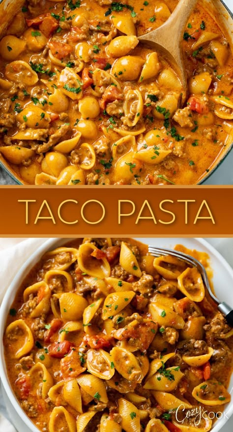 taco pasta with small shells and ground beef in a taco sauce The Cozy Cook Recipes, Corn Enchiladas, Cozy Cook Recipes, The Cozy Cook, Cozy Cook, Ground Beef Recipe, Easy Weekday Meals, Easy Pasta Dinner, Weekday Dinner