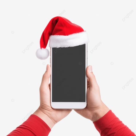 hand holding mobile phone with santa claus^ hat on top on christmas using phone using smartphone p Mobile Phone Ads, Phone Png, Hand Holding Phone, Using Phone, Santa Claus Hat, Cartoon Photo, Christmas Ad, Phone Gadgets, Transparent Image