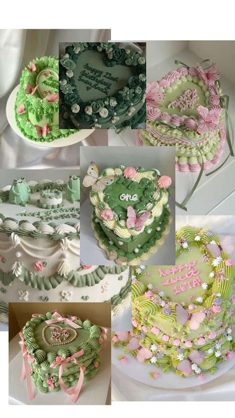 Green Vintage Cake, Cake Collage, Lambeth Cake, 16 Cake, Green Cake, Creative Birthday Cakes, Creative Birthday, Collage Vintage, Pretty Birthday Cakes