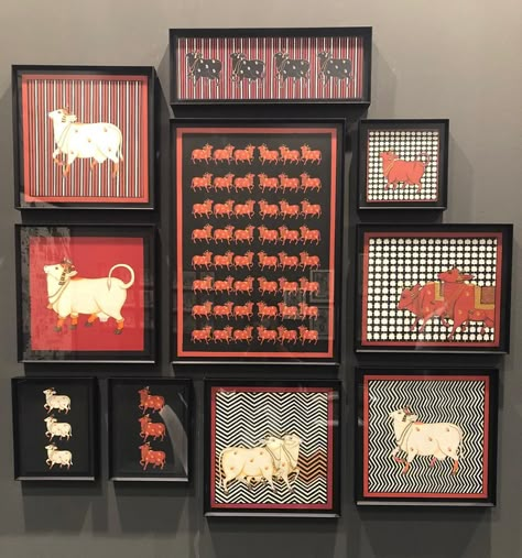 A lovely collection from Pichvai Tradition & Beyond (@pichvaitraditionandbeyond) at the AD Design Show 2019. The ‘Cows & Lotus’ collection… Indian House Interior Design, 3d Wall Art Sculpture, Pichwai Art, Abstract Art Images, Beaded Pillow, Pooja Room Door Design, Pichwai Paintings, Room Door Design, Indian Painting