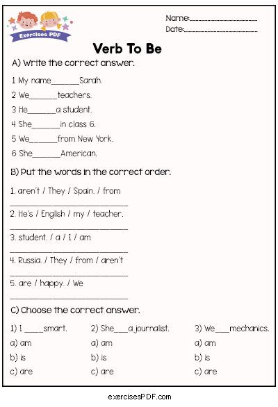 English Test For Beginners, Verb To Be Worksheets, Common App Essay, Verbo To Be, Verb To Be, Adjective Worksheet, 4th Grade Math Worksheets, Simple Past Tense, Grammar For Kids