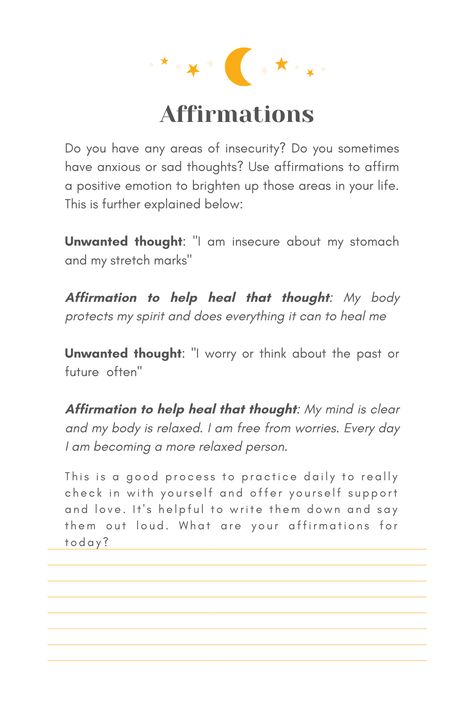 Guide to help you come up with great affirmations to support your healing! Insecure Affirmations, Affirmation Journal, Positive Emotions, Journal Prompts, Affirmations, Spirituality, Healing, Quick Saves