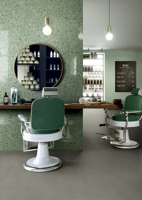 Gallery of Color Beyond Aesthetics: The Psychology of Green in Interior Spaces - 5 Hair Salon Design, Interior Design Pictures, Vintage Interior Design, Large Format Tile, Spa Design, Salon Interior Design, Design Del Prodotto, Vintage Interiors, Salon Design