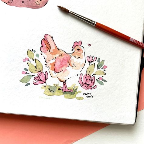 Easy Watercolor Illustration, Simple Watercolor Illustration, Cute Chicken Illustration, Chicken Cute Art, Cute Watercolour Ideas, Quick Watercolor Ideas, Watercolor Design Ideas, Watercolor Sketchbook Journal Ideas, Gouache Card