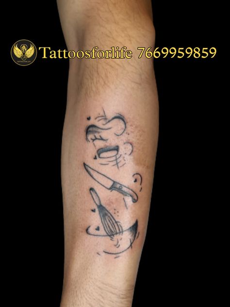 chef tattoo, forearm tattoo Tattoo For Chef For Men, Chef Tattoo Ideas For Men, Baking Tattoo, Culinary Tattoos, Chef Tattoo, Tattoo Forearm, Forearm Tattoo, Unique Tattoos, Tattoos For Guys