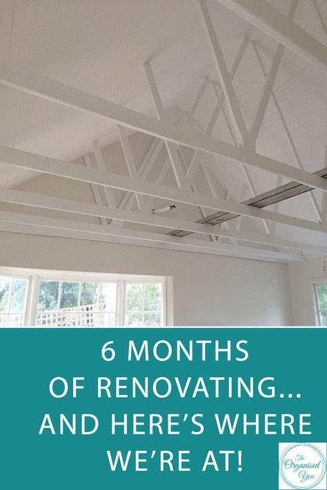 6 months of renovating... and here's where we're at! Exposed Roof Beams, Exposed Trusses, Exposed Beams Ceiling, Pitched Ceiling, Roof Ceiling, Exposed Ceilings, Garage Renovation, Family Command Center, Roof Beam