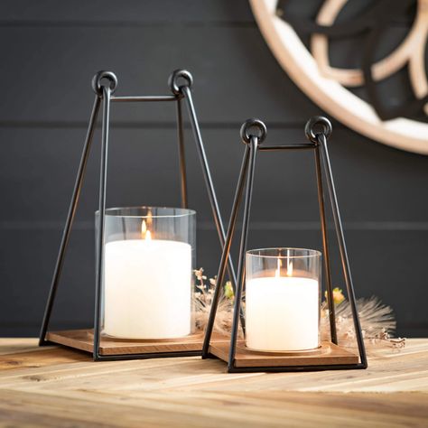 New Luxury Wooden Pillar Candle Holders, Modern Lanterns, Wood Lantern, Wooden Lanterns, Lantern Set, Glass Cylinder, Metal Frames, Pillar Candle Holders, Wooden Slats