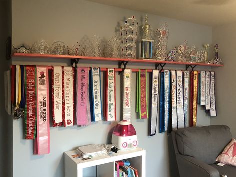 Pageant crown and sash display ❤️ Trophy Display Bedroom, Dance Competition Award Display, Shelves For Pageant Crowns, How To Display Pageant Crowns And Sashes, Pageant Display Ideas, Pageant Crown And Sash Display, Pageant Award Display, Pageant Sash Display, Sash Display Ideas