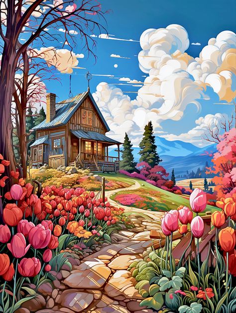 Landscape House Painting, Landscape Scenery Paintings, Spring Digital Art, Scenery Illustration, Flower House Drawing, Spring Landscape Drawing, Landscape Illustration Art, Landscape Digital Art, Spring Art Painting