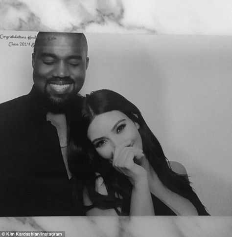 Cute couple: The 38-year-old rapper flashed a rare smile as Kim snuggled up close Kim Kardashian West, Kanye West, Kim Kardashian, A Man, Black And White, White, Instagram, Black