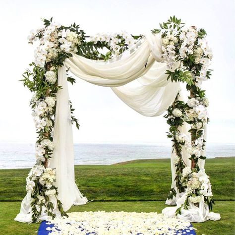 Romantic styling on an outdoor canopy - soft white draping and a variety of blooms Solemnization Decoration, Wedding Awning, Wedding Chuppah, Wedding Setup, Outdoor Canopy, Wedding Ceremony Arch, Wedding Altars, Ceremony Decor, Ceremony Arch