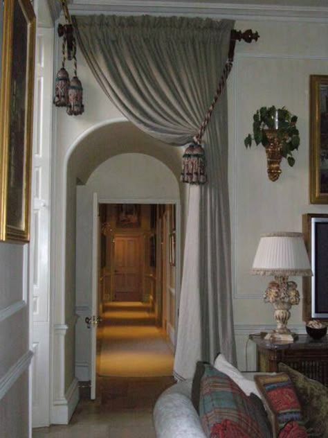 Drapes Over Door, Curtain In Doorway Ideas, Curtain Over Arched Doorway, Corridor Curtain Ideas, Curtains In Hallway, Doorway Curtain Ideas Living Room, Archway Curtain Ideas, Curtains In Doorways, Curtains Over Doorway