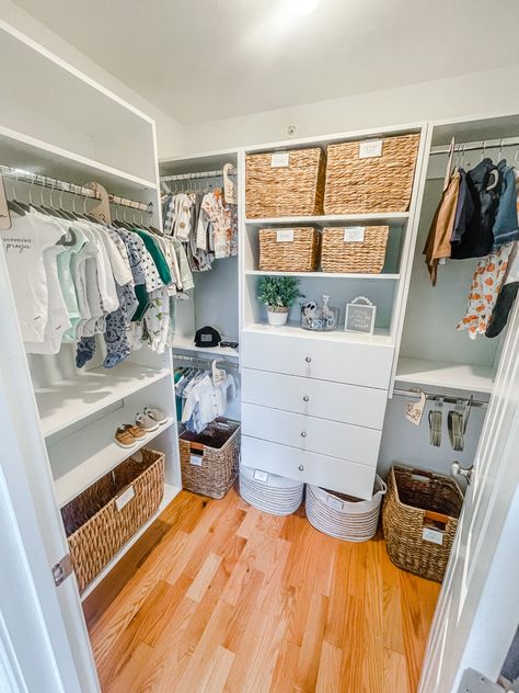 Walk In Nursery Closet, Nursery Closet Organization Walk In, Baby Walk In Closet, Baby Boy Closet Ideas, Boy Closet Organization, Baby Boy Closet, Boy Closet, Closet Nursery, Toddler Closet