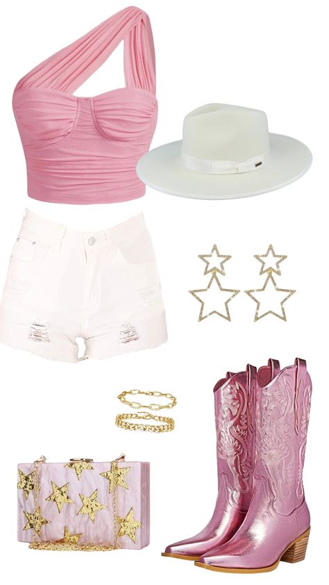 Pink Cowgirl Concert Outfit, Pink Gold Outfit, Pink And White Country Outfit, Shein Nashville Outfits, Pink Western Bachelorette Outfit, Nashville Outfits Going Out Pink, Neon Country Outfit, Cowgirl Pink Outfit, Pink Cowgirl Nashville Outfit