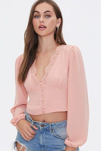 Plunging Lace-Trim Top Peach Top Outfits, Honeymoon Wear, Peach Top, Lace Trim Top, Smock Top, Top Forever 21, Trim Top, Forever21 Tops, New Clothes