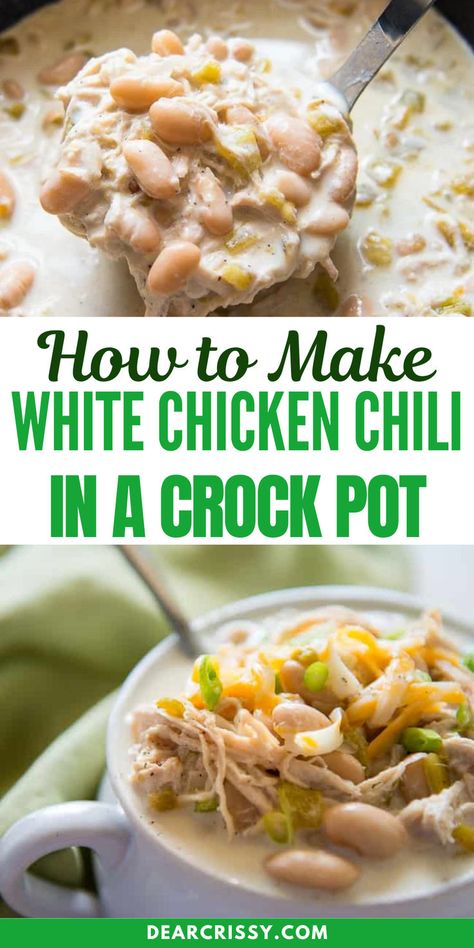 Learn How to Make White Chicken Chili in a Crock Pot. Tender chicken breasts meld with a hearty blend of beans, green chiles, and savory spices for a comforting meal. Simply set it and forget it while the flavors develop. Finish with sour cream for a creamy touch. Perfect for busy weeknights or cozy gatherings! Easy Crockpot Chicken Chili Recipe, White Bean Chicken Chili Slow Cooker, White Bean Chicken Chili Crockpot, Crock Pot White Chicken Chili, White Chicken Chili Soup, Creamy Chicken Chili, White Chicken Chili Slow Cooker, White Chicken Chili Recipe, Chicken Breast Crockpot Recipes