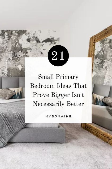 Small primary bedrooms can look just as chic as larger bedrooms when decorated to their full potential. To prove it, we've rounded up 21 gorgeous small primary bedrooms to help you transform your space. Modern Small Primary Bedroom, Small Cozy Primary Bedroom, Small Elegant Master Bedrooms, Small Primary Bedroom Decor, Small Bedroom With Fireplace Layout, Small Luxurious Bedrooms, Small Room Queen Bed Ideas, Small Transitional Bedroom, Small Primary Bedroom With King Bed