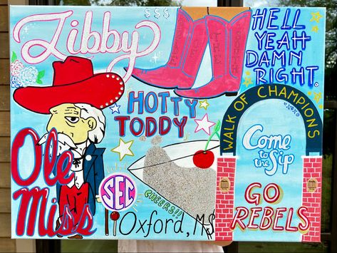 College Dorm Painting Ideas, Preppy Ole Miss Paintings, Preppy Cowgirl Paintings, Ole Miss Preppy Painting, Ole Miss Wall Art, Ole Miss Painting, Ole Miss Art, College Canvas Paintings, College Paintings