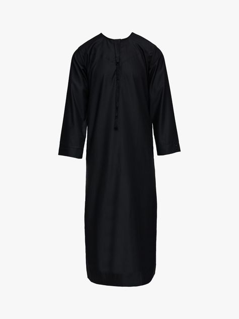 The Islamic Impressions full-length robe is commonly known as a thobe or jubbah depending on the region in the Middle East. The Omani Thobe has a round collar often worn in the Emirates or Oman. Worn at faith events, social gatherings or as loungewear, this lightweight piece is unlined for optimum breathability. Full length Lightweight design Two side-pockets Unlined Ablution friendly Established in 2004, Islamic Impressions is one of the UK's most recognised department stores offering items rel Black Thobe, Thobes Men, Jalabia Styles, Islamic Clothing, Rugby Shirt, Mens Polo Shirts, Hijab Fashion, New Black, Mens Clothing Styles