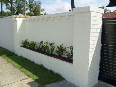 brick planters Concrete Fence Wall, Pagar Modern, Boundry Wall, Fence Wall Design, White Brick Wall, Compound Wall Design, Front Wall Design, House Fence Design, Wall Fence